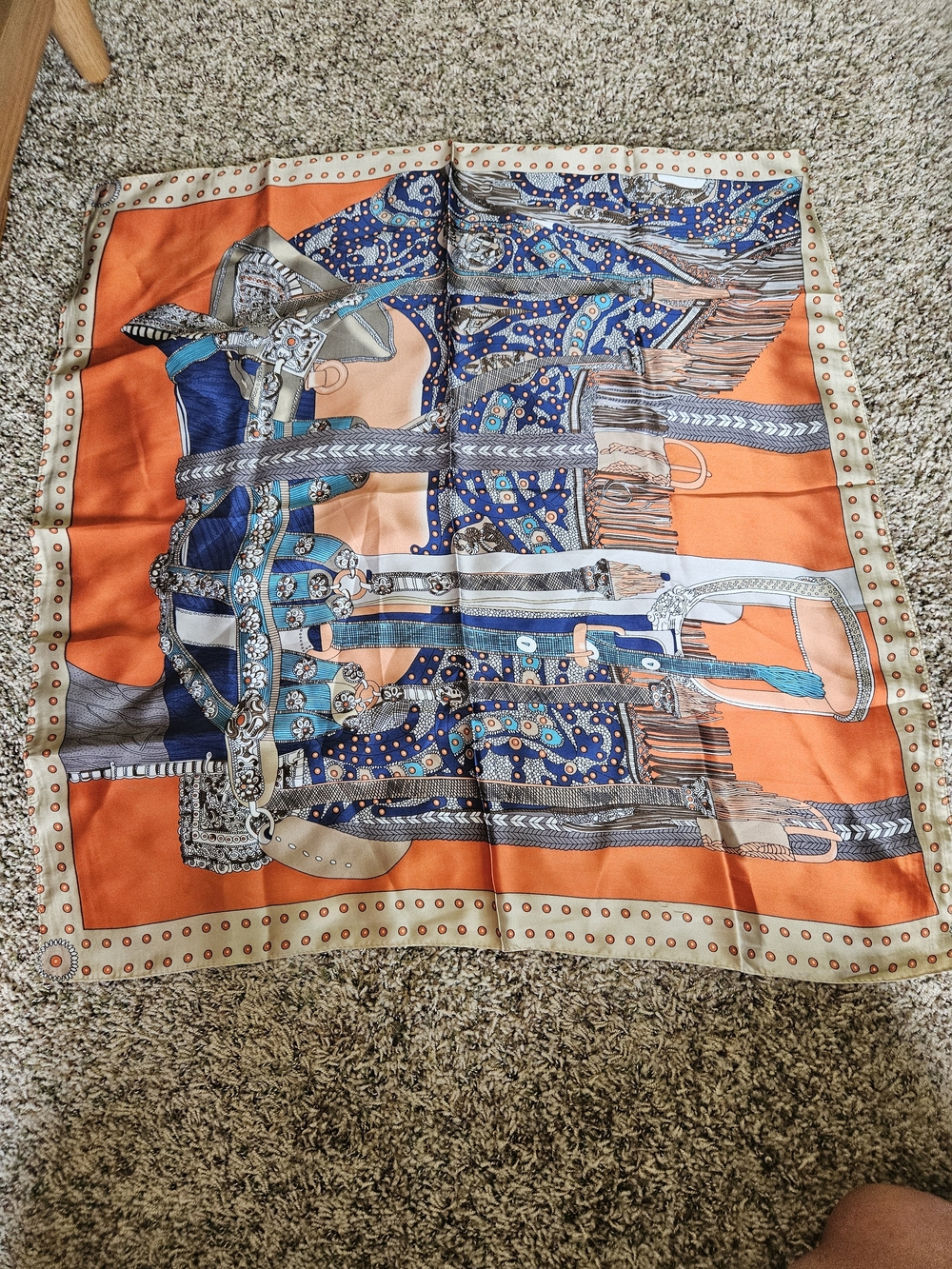 Bold Orange & Navy Equestrian Print Silk Scarf